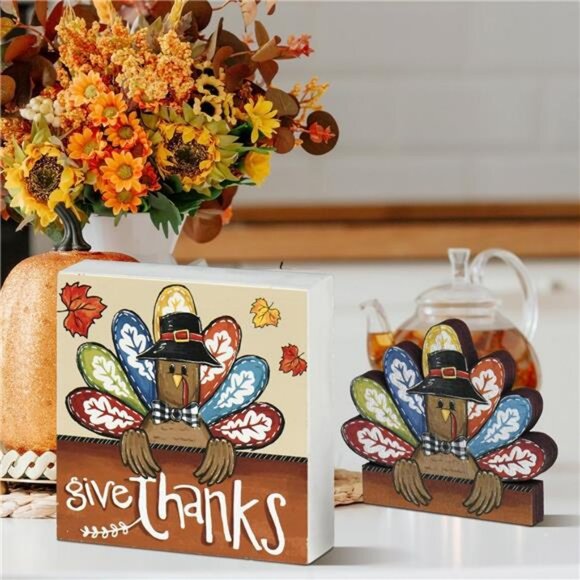 Thanksgiving Wooden Decor Indoor, Turkey Decor Give Thanks Box Sign - Picture 2 of 7